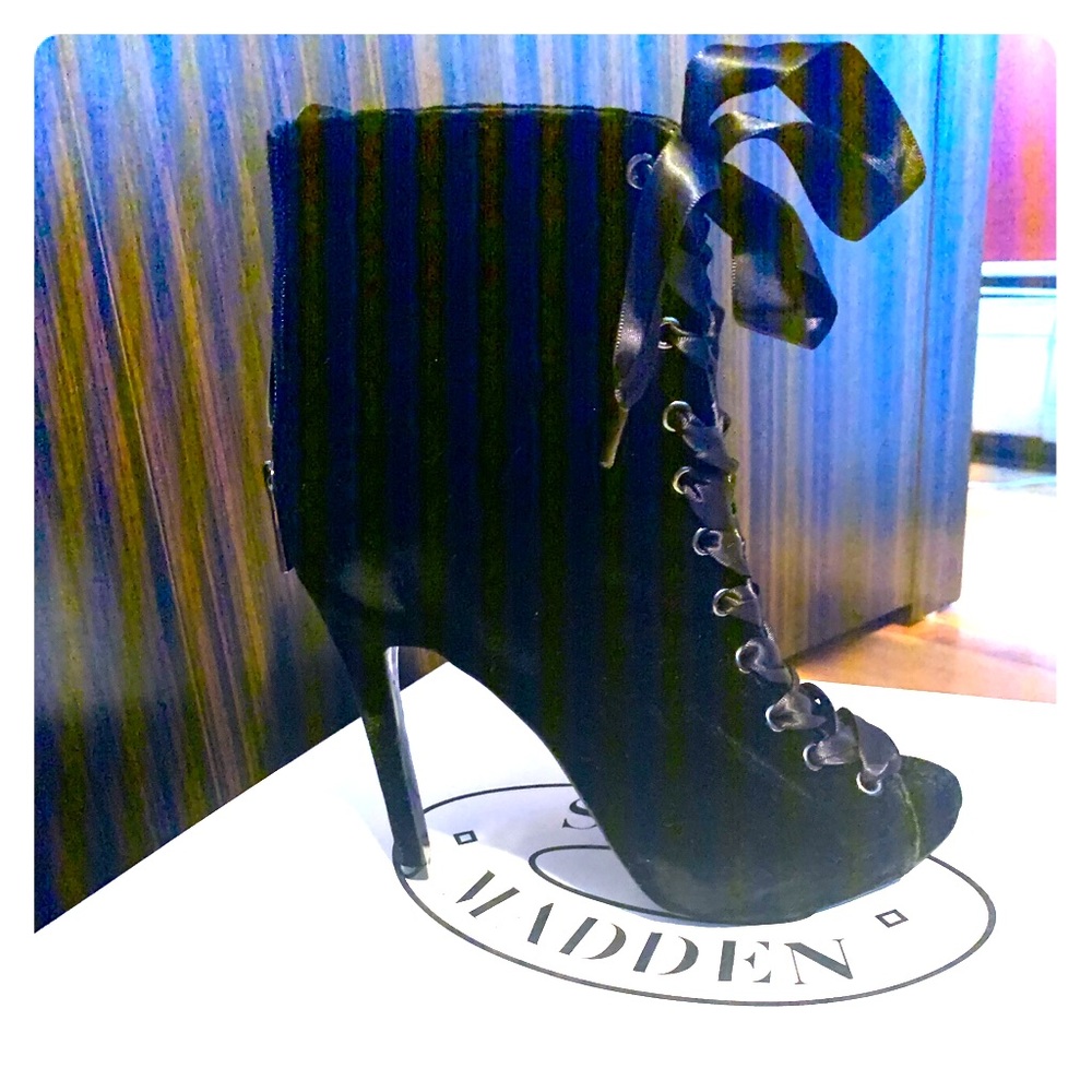 Velvet and satin lace up peep tie bootie